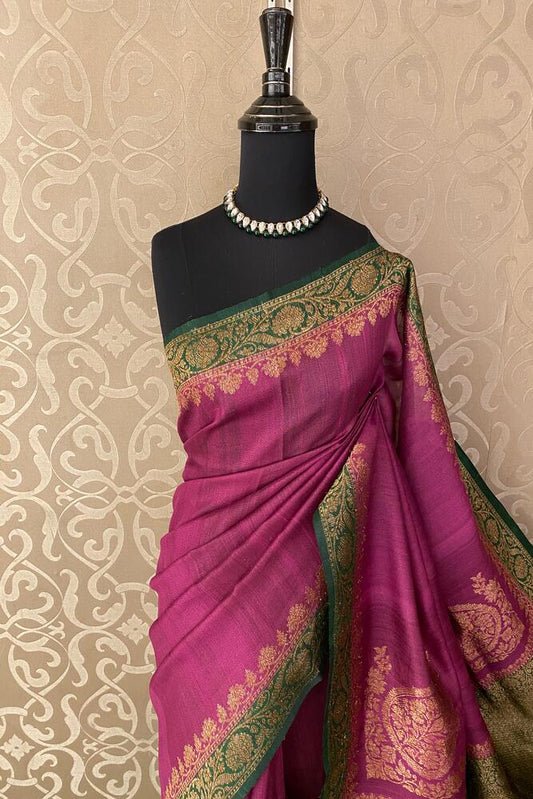 Purple Tussar Banarasi silk saree with handwoven motifs and matching unstiched blouse, traditional wear by Saarang Sarees.