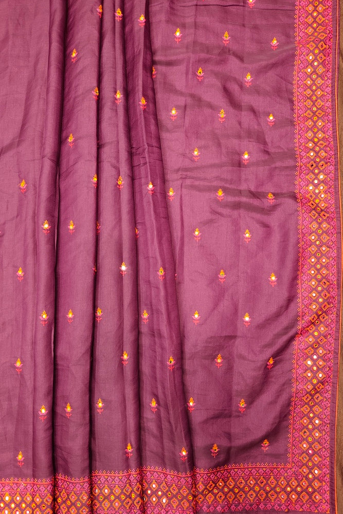 Deep Purple Semi Munga Silk Cross Stitch Work Saree, With Unstiched Blouse