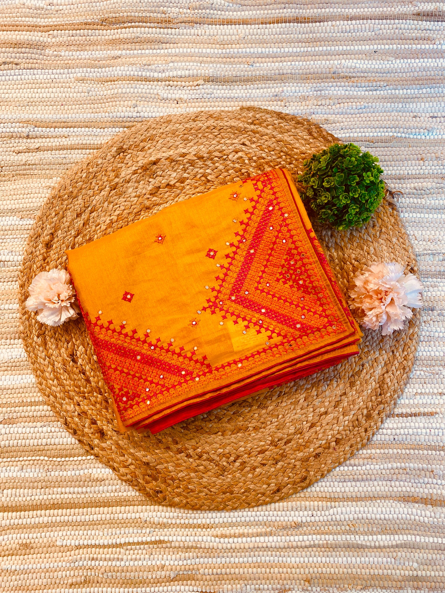 Mustard Yellow Semi Munga Silk Cross Stitch Embroidery Work Saree, With Unstiched Blouse
