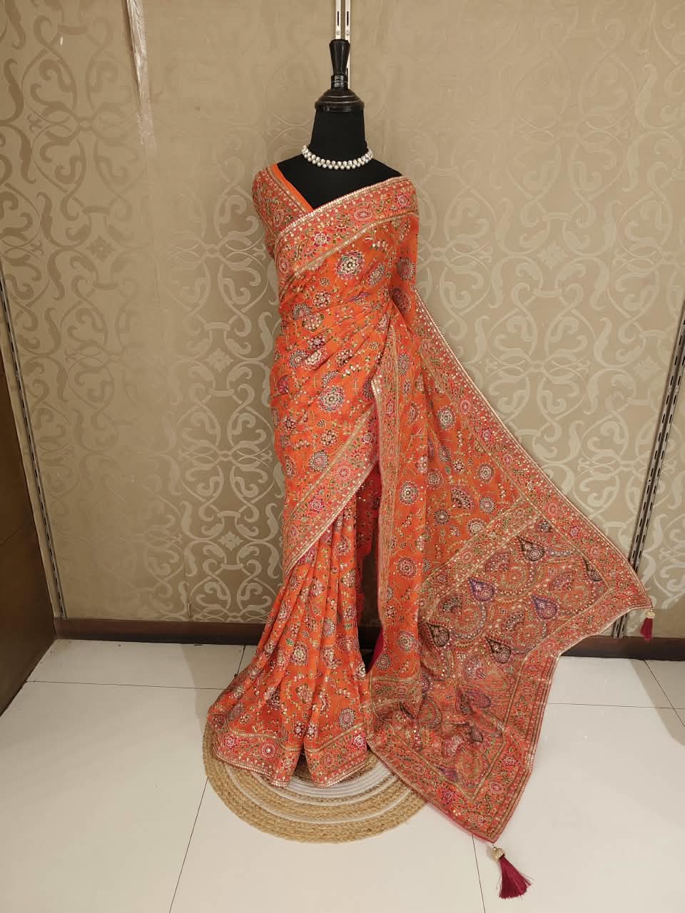 Orange Crepe Printed Stone Work Saree, With Unstiched Blouse