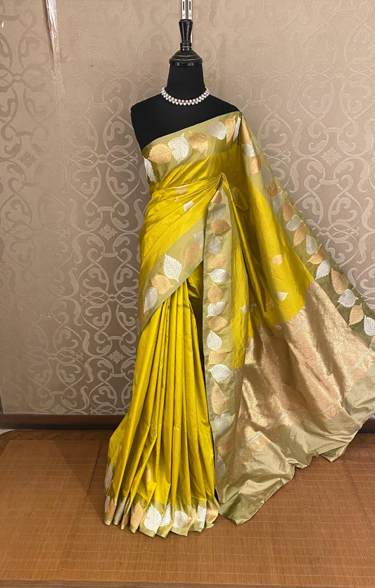 Yellow Katan Banarasi Saree Hand Woven Work, With Unstiched Blouse