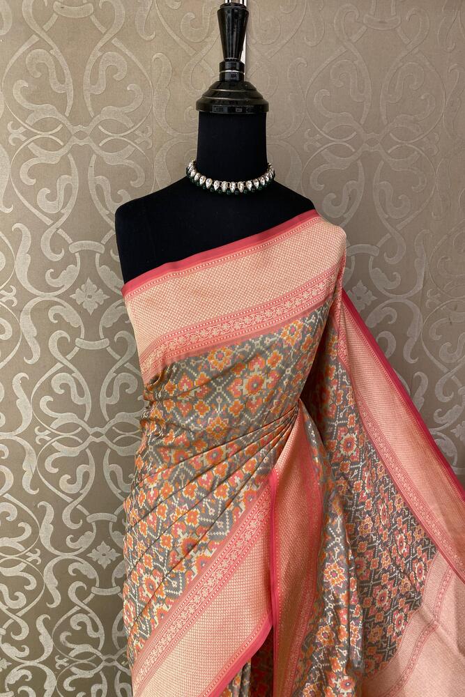 Grey & Multi Banarasi Silk Saree With Patola Concept, With Unstiched Blouse