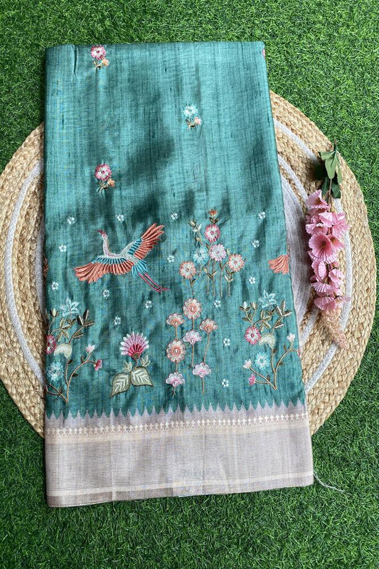 Sea Green Tussar Cotton Resham Work Saree, With Unstiched Blouse