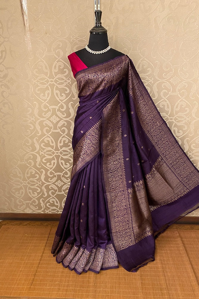 Deep Purple Pure Raw Tussar Banarasi Silk Saree, Hand Woven Motifs With Unstiched Blouse