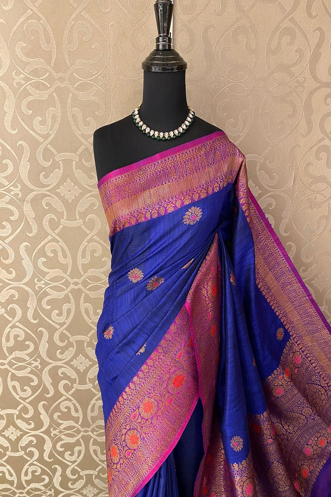 Deep Blue Dupion Tussar Silk Saree, With Unstiched Blouse