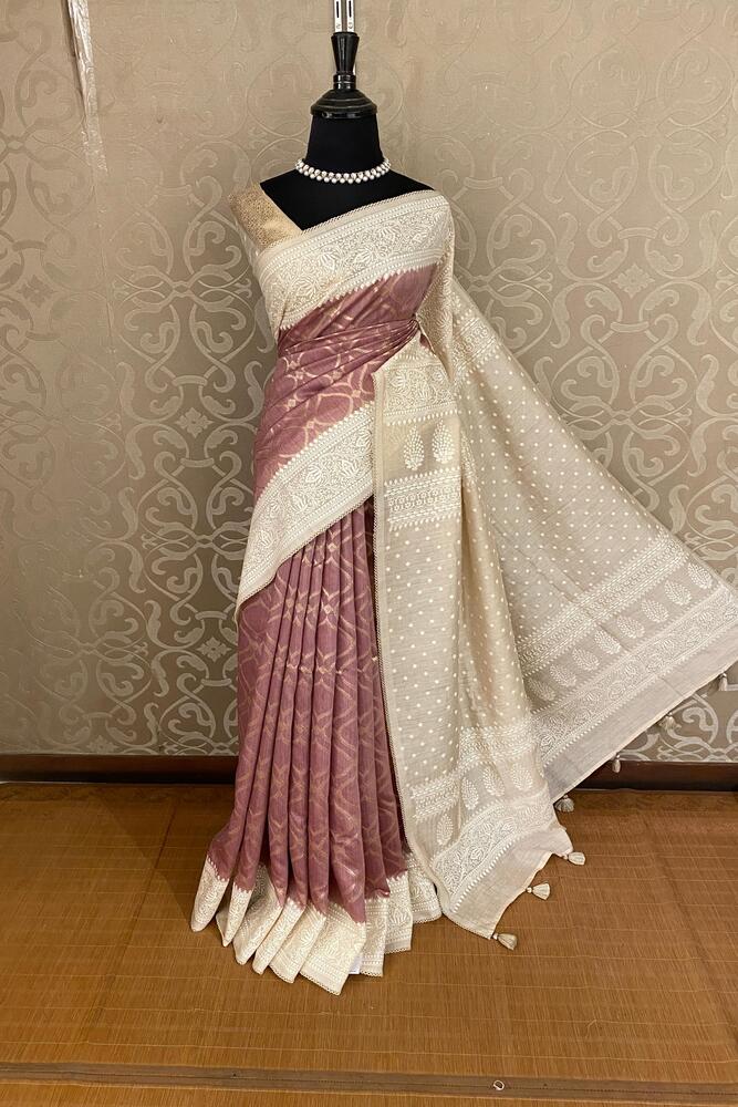 Brown Munga Handloom Saree With Chikankari Work, With Unstiched Blouse