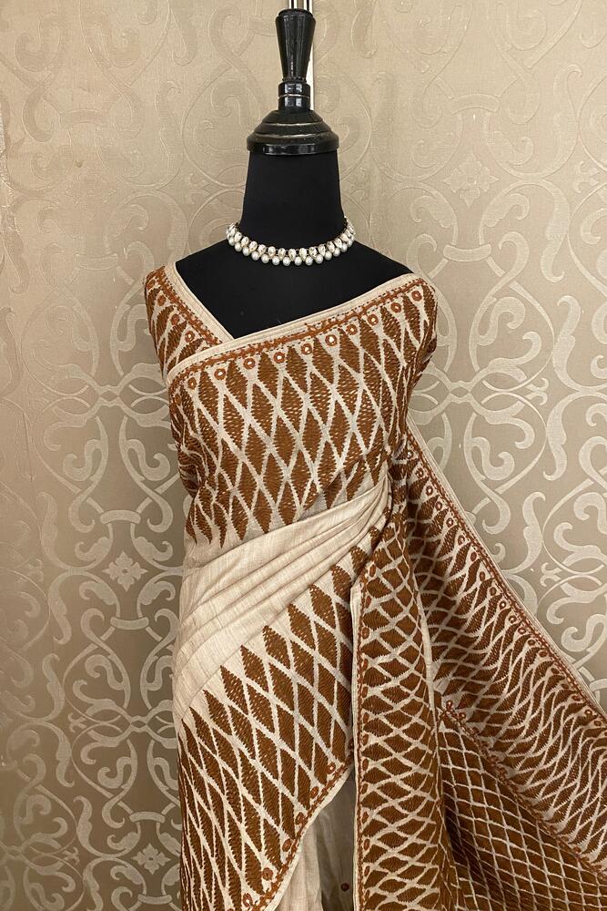 Off-White Tussar Embroidery Saree With Kathiawari Work Border, With Unstitched Blouse
