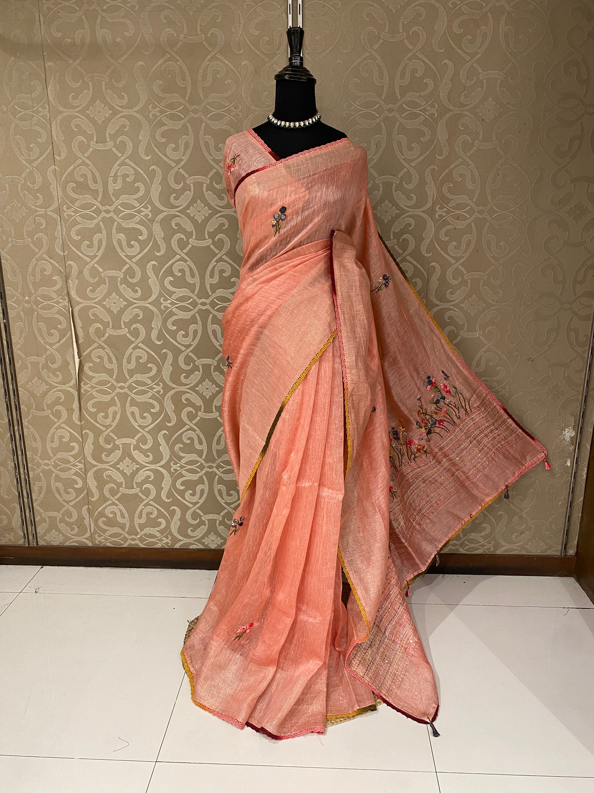 Peach Linen Silk Saree Hand Embroidered Work, With Unstiched Blouse