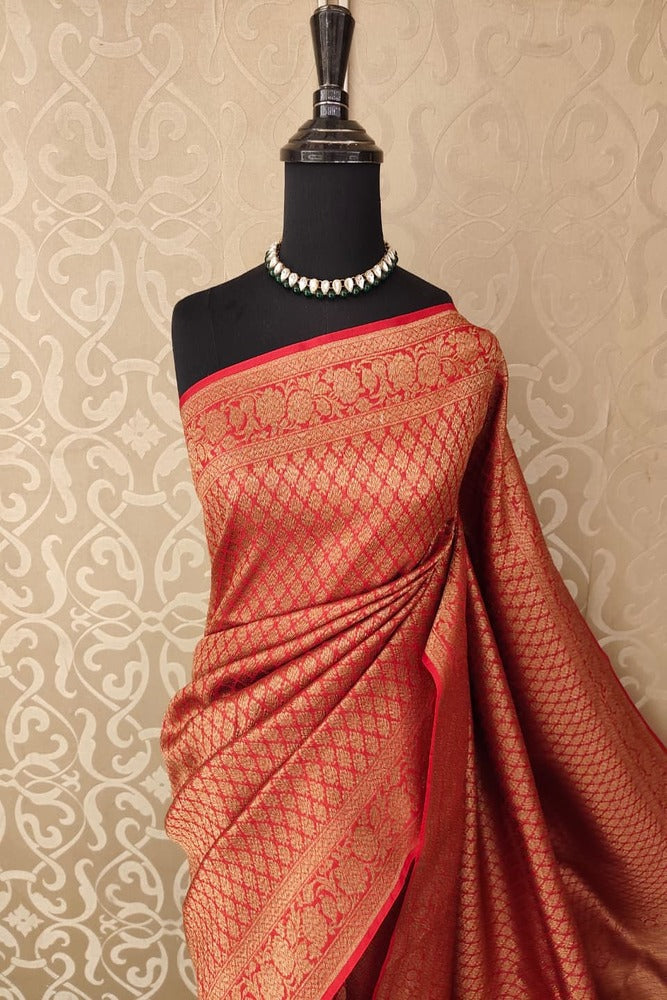Red Brocade Kora Banarasi Silk Saree, With Unstiched Blouse