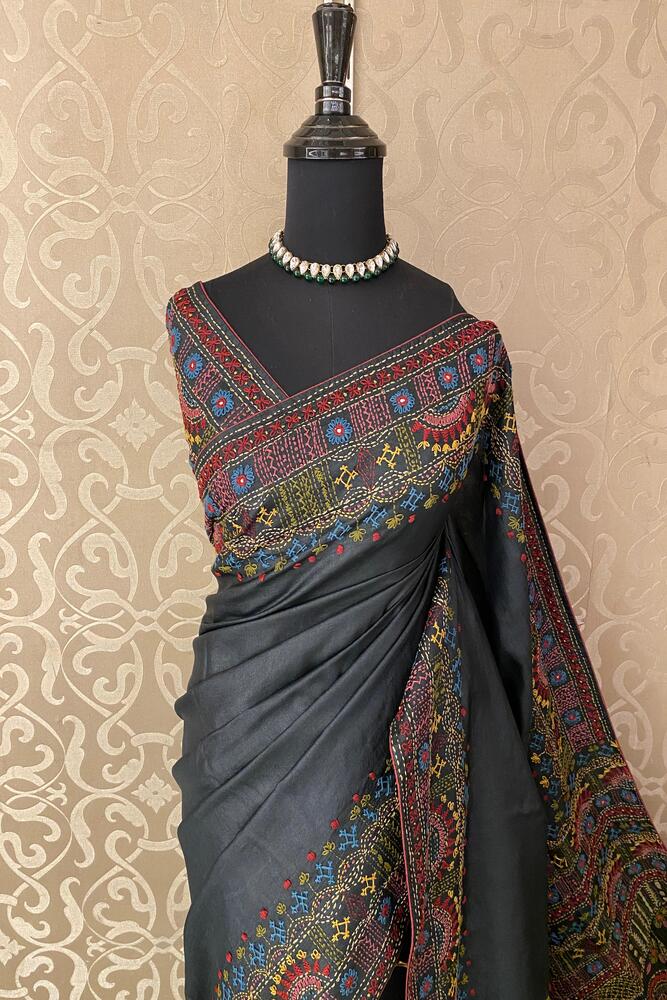 Black Tussar Embroidery Saree With Lambani Work Border, With Unstitched Blouse