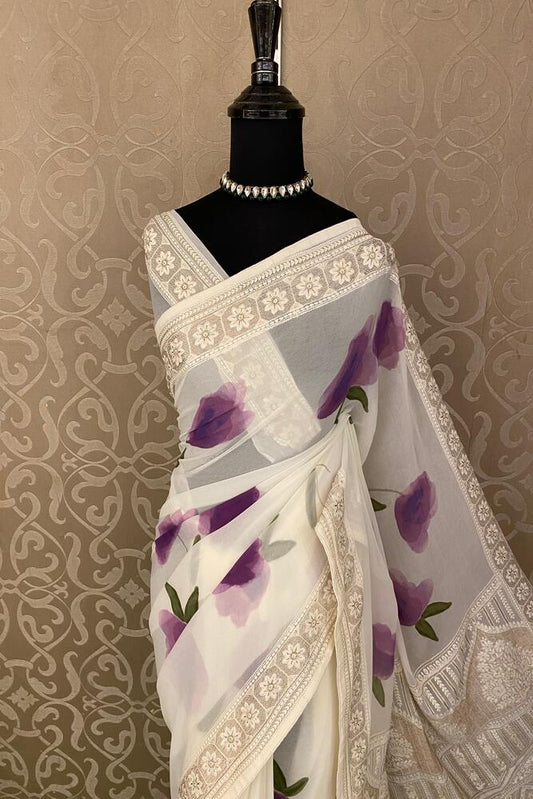 Off-White Printed Georgette Saree With Resham Embroidery Work, With Unstiched Blouse