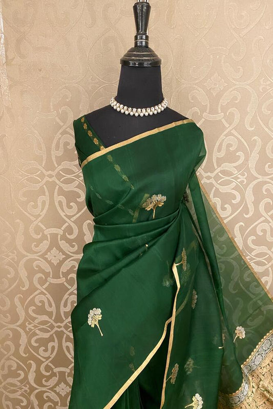 Bottle Green Kora Banarasi Silk Saree With Hand Weving Work, With Unstiched Blouse