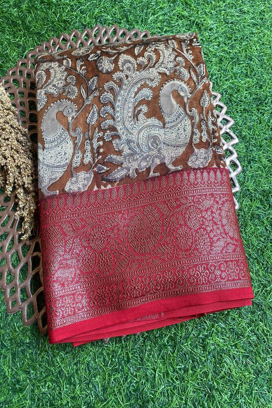Brown cotton Chanderi saree with intricate weaving and matching unstiched blouse, traditional wear from Saarang Sarees.