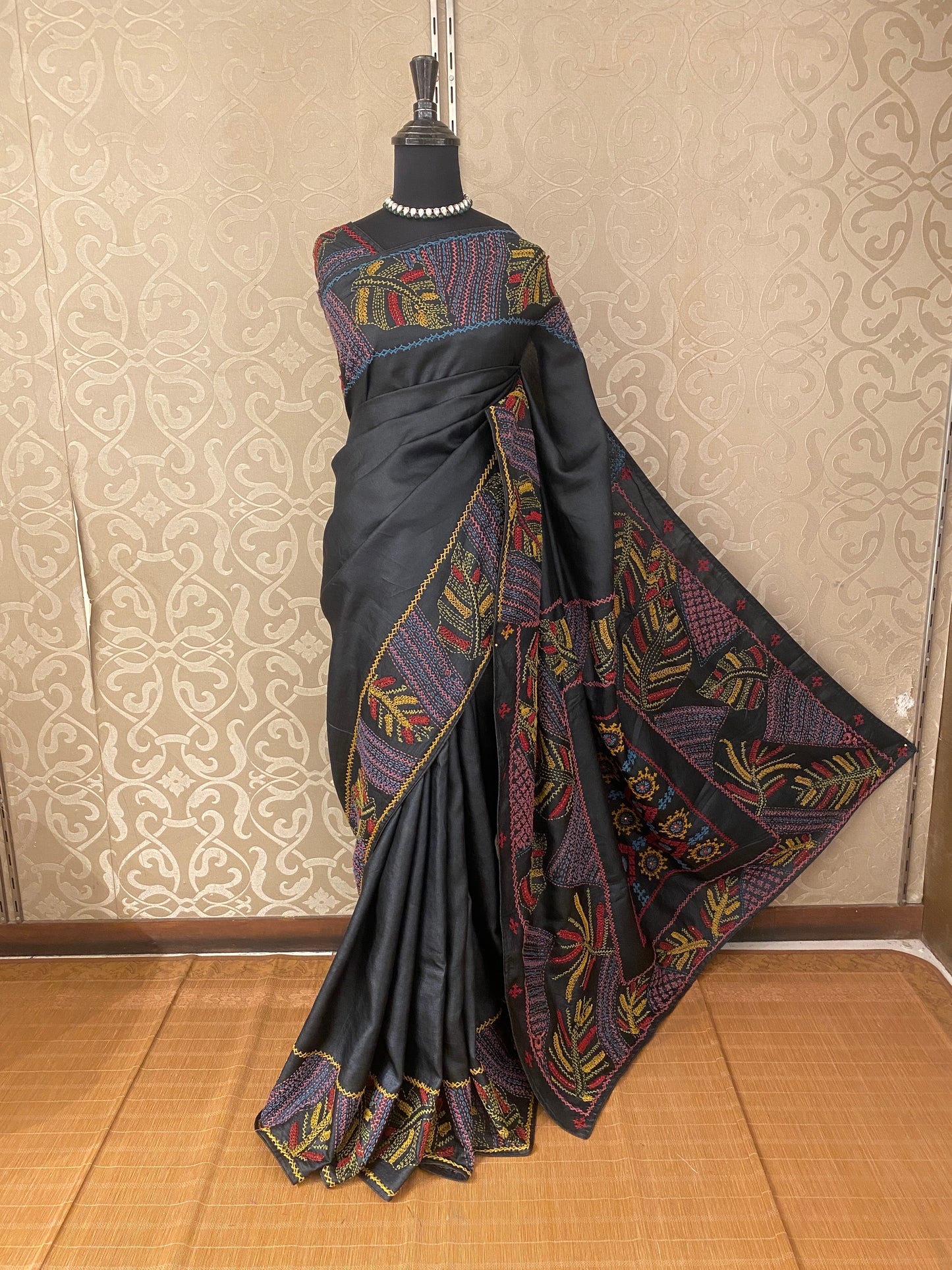 Black Tussar Embroidery Saree With Lambani Work Border, With Unstitched Blouse