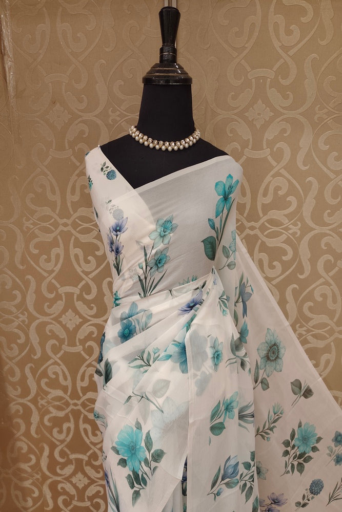 Off-White Floral Printed Chiffon Saree, With Unstiched Blouse Piece