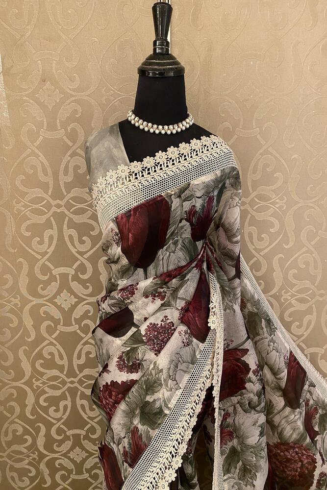 Grey Printed Organza Lace Work Saree, With Unstiched Blouse