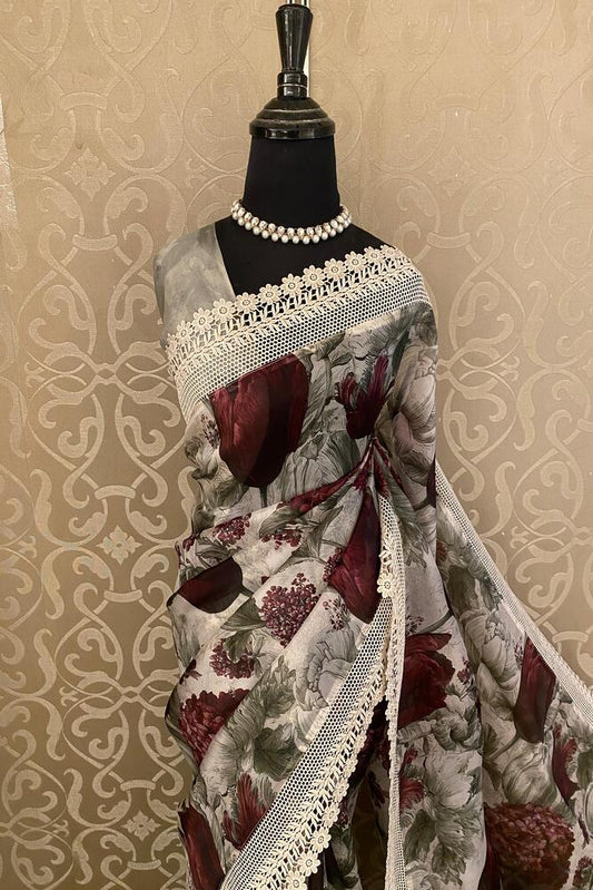 Grey Printed Organza Lace Work Saree, With Unstiched Blouse