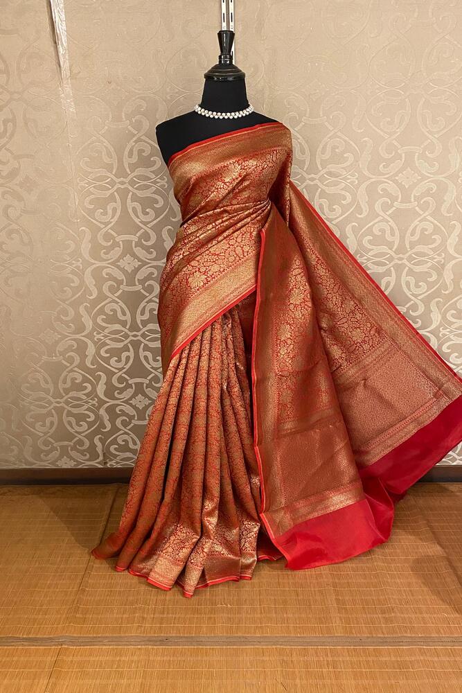 Red Brocade Kora Banarasi Silk Saree, With Unstiched Blouse