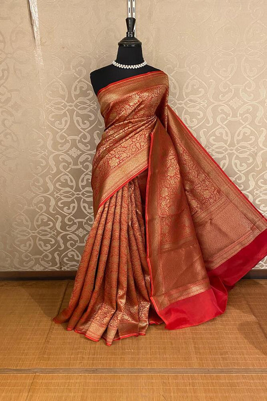 Red Brocade Kora Banarasi Silk Saree, With Unstiched Blouse