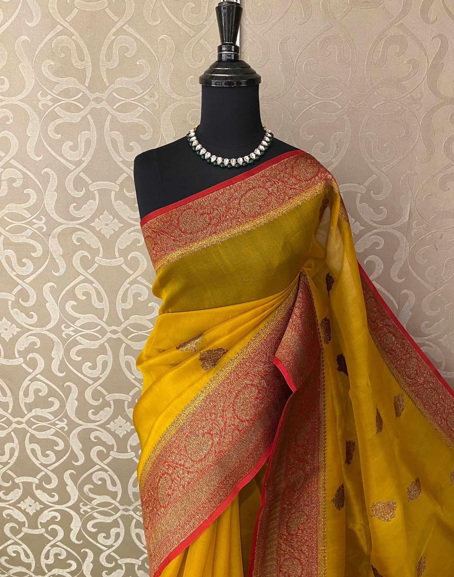 Mustard Yellow Kora Banarasi Silk Saree, With Unstiched Blouse