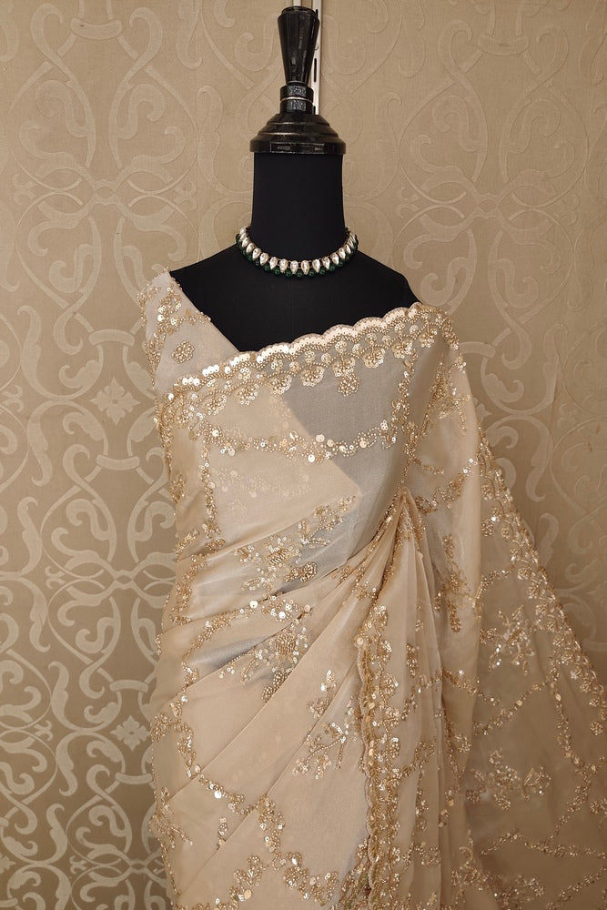 Golden Beige Soft Tissue Organza Silk Embroidery Saree, With Unstiched Blouse