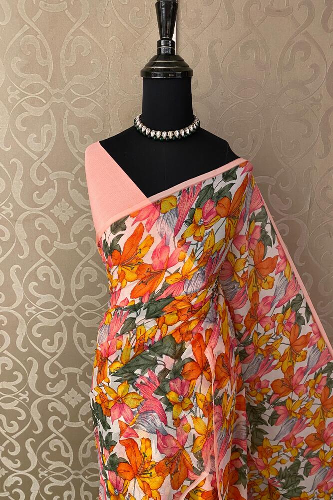 Peach Multi Floral Printed Chiffon Saree, With Unstiched Blouse Piece