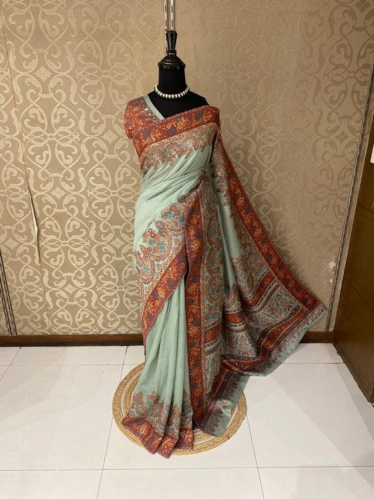 Firozi Pure Kani Handloom Silk Saree With Unstiched Jamewar Woven Blouse