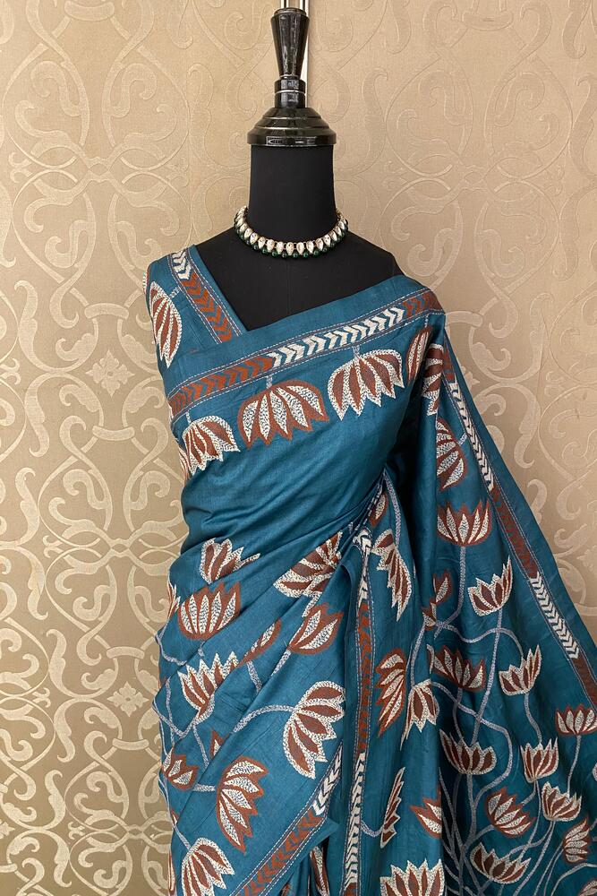 Royal Blue Tussar Embroidery Saree With Kantha Work Border, With Unstitched Blouse