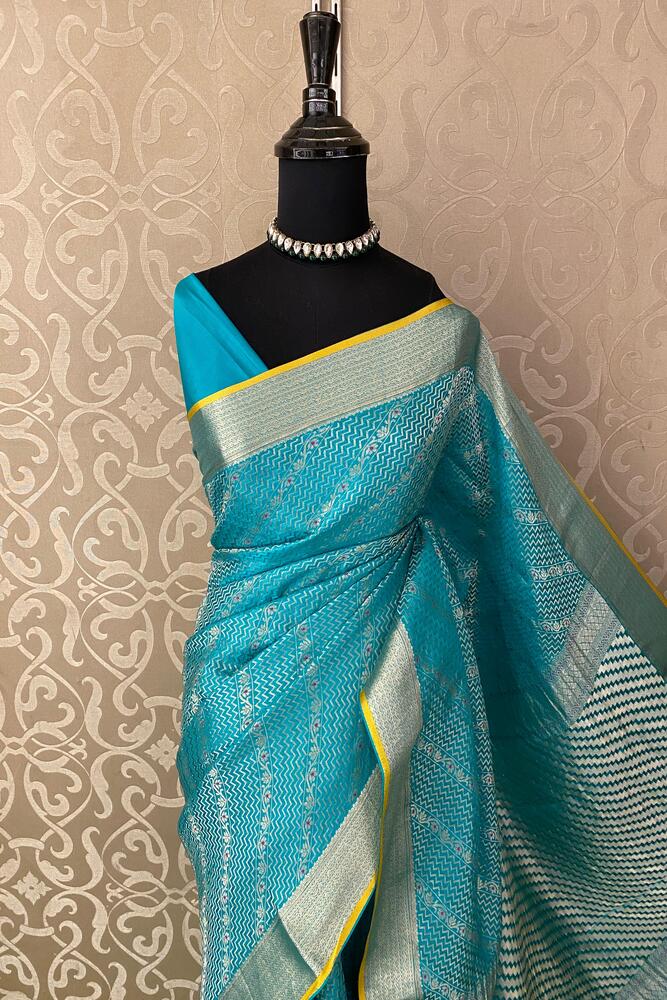 Firozi Mysore Crepe Silk Banarasi Saree with gold zari work and unstiched blouse, traditional Indian wear by Saarang Sarees.