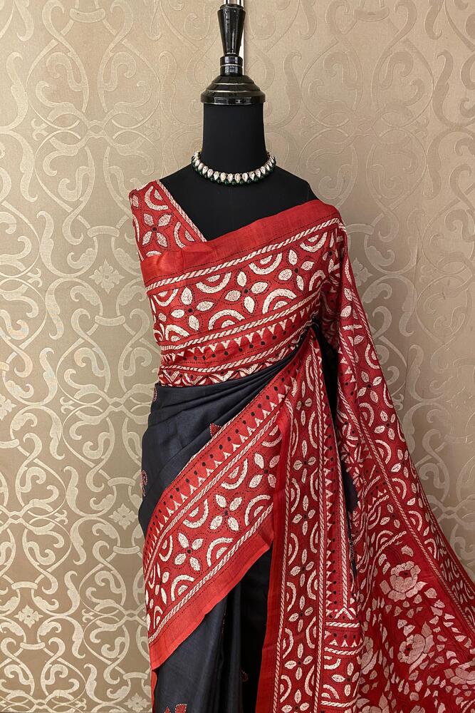 Black Red Tussar Embroidery Saree With Kantha Work Border, With Unstitched Blouse