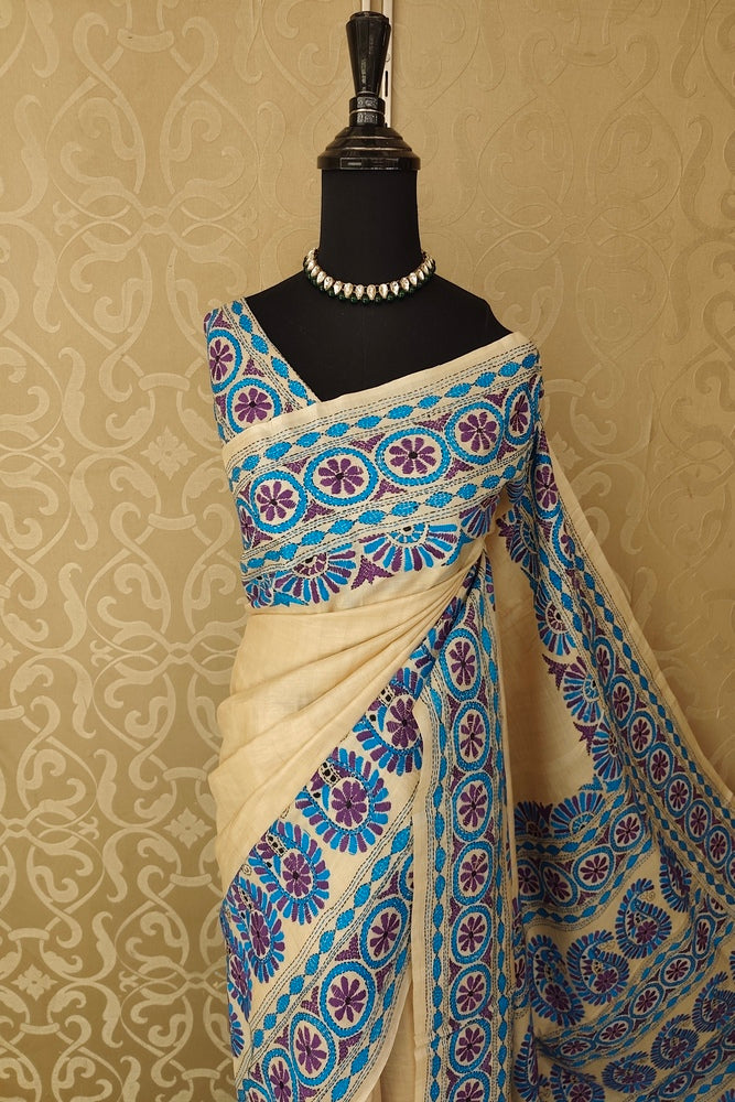Off-White Tussar Embroidery Saree With Kantha Work Border, With Unstitched Blouse
