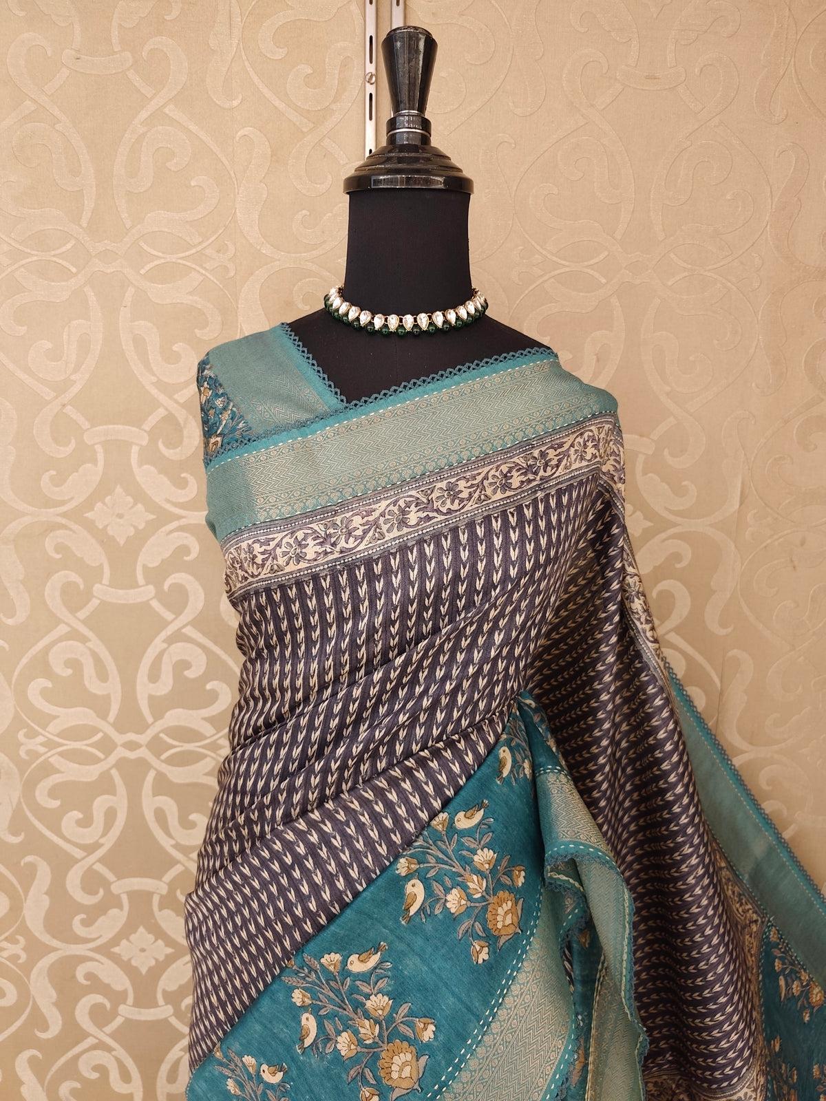 Deep Grey Munga Silk Printed Saree With Kantha Work, With Unstich Blouse