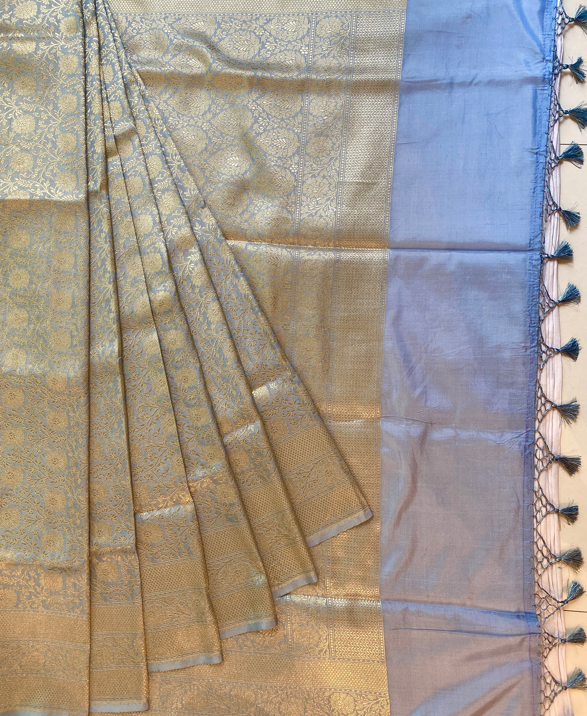 Light Blue Semi Katan Brocade Silk Saree, With Unstiched Blouse
