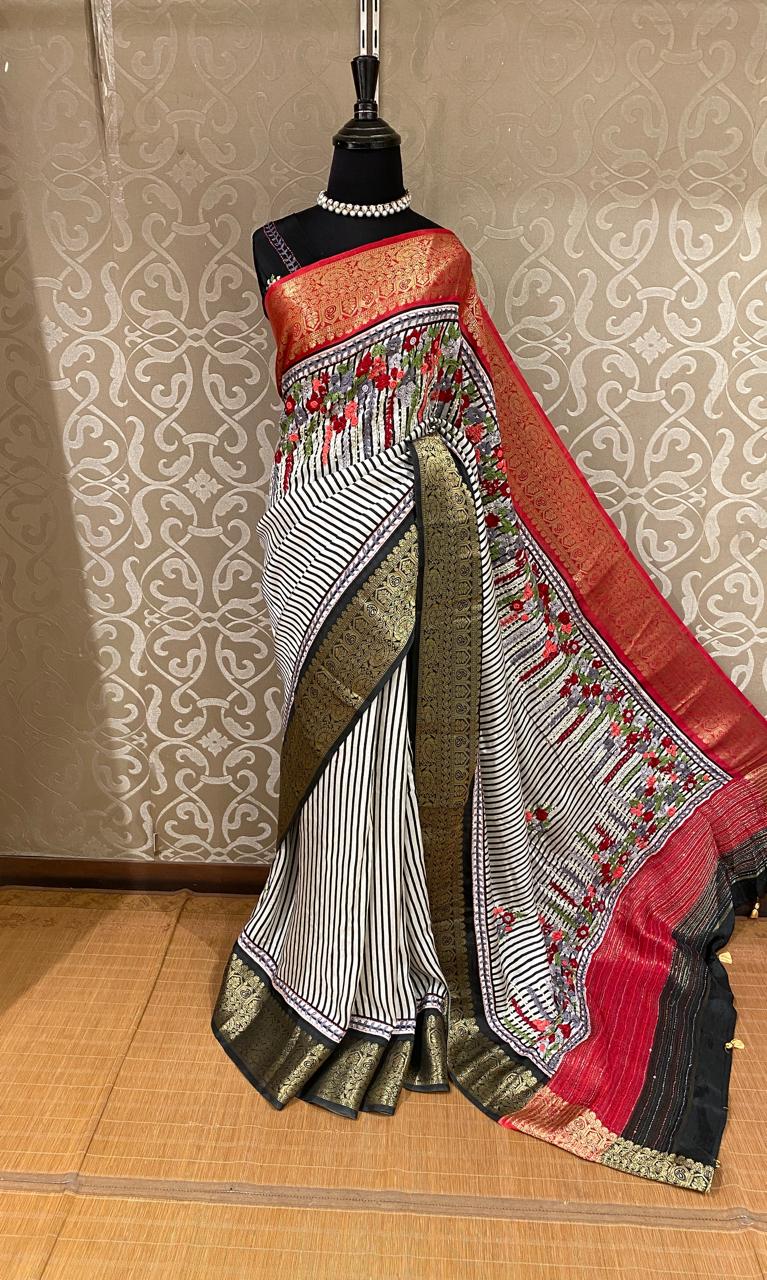 White & Black Stripe Munga Silk Saree With Hand Embroidery Work, With Unstiched Blouse