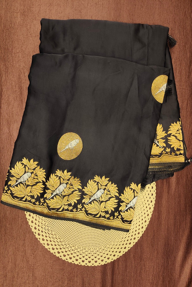 Black Semi Mashru Silk Sarees With Unstiched Blouse