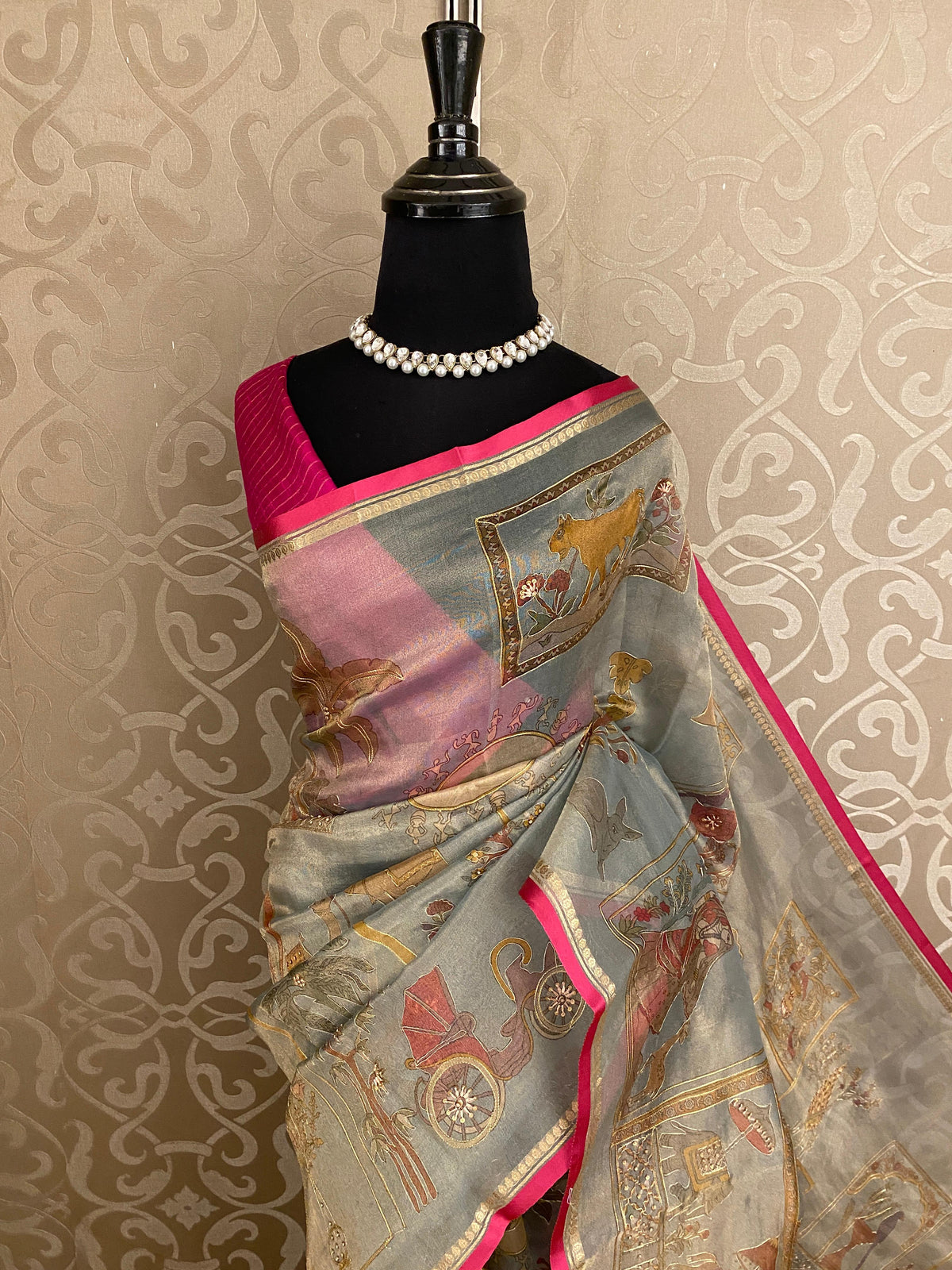 Grey Tissue Organza Silk With Ari Work Saree, With Unstiched Blouse