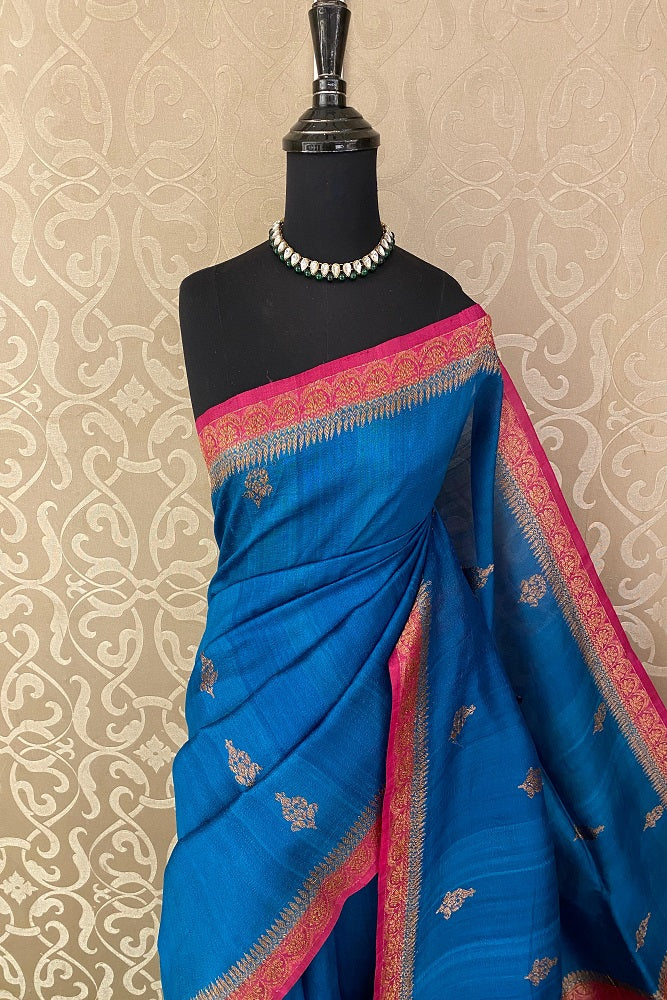 Royal blue Tussar Banarasi silk saree with hand-woven motifs and unstiched blouse, traditional wear by Saarang Sarees