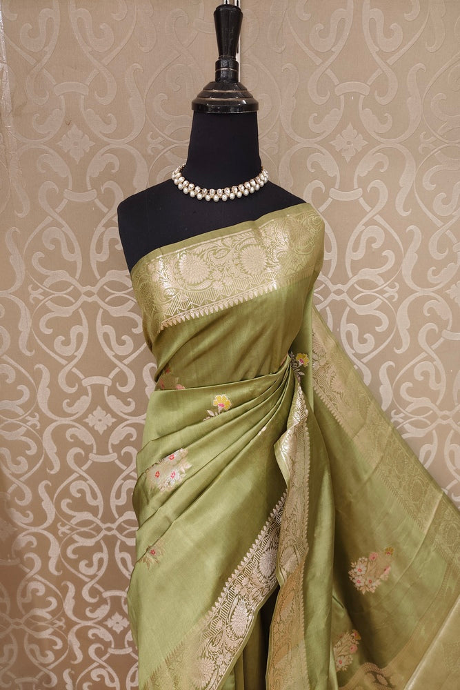 Pista Green Chiniya Silk Saree Hand Woven Butas, With Unstiched Blouse