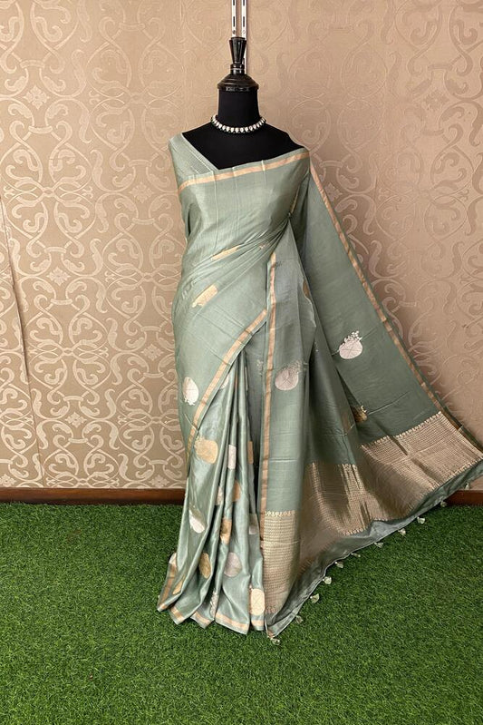 Pastel Blue Mashru Silk Banarasi Handloom Saree, With Unstiched Blouse