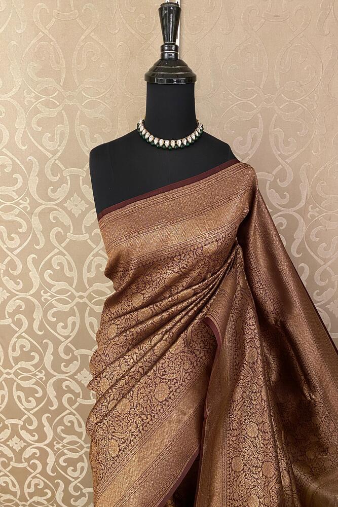 Coffee Brown Brocade Kora Banarasi Silk Saree, With Unstiched Blouse