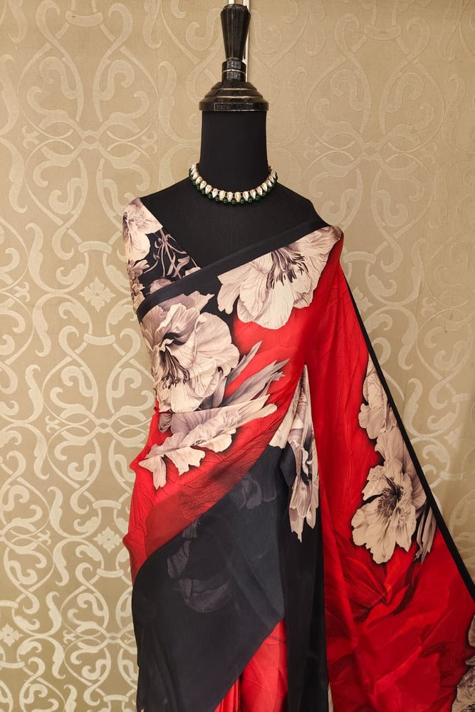 Red & Black Floral Printed Satin Crepe Saree, With Unstiched Blouse