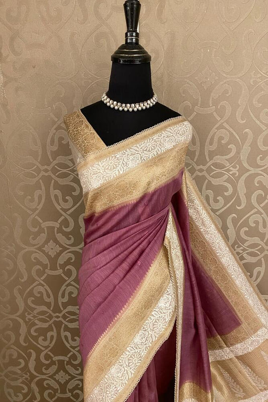 Mauve Pure Munga Banarasi silk saree with handwoven motifs and an unstiched blouse, traditional wear by Saarang Sarees.