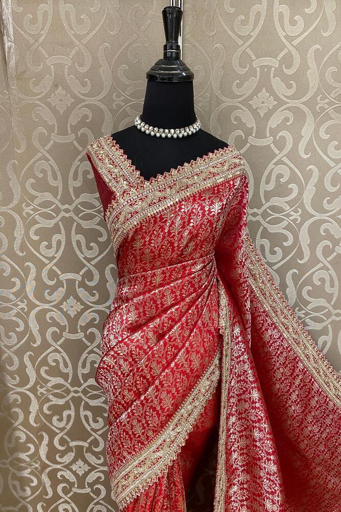 Cherry Red Banarasi Silk Saree With Zardosi Embroidery Work, With Unstiched Blouse