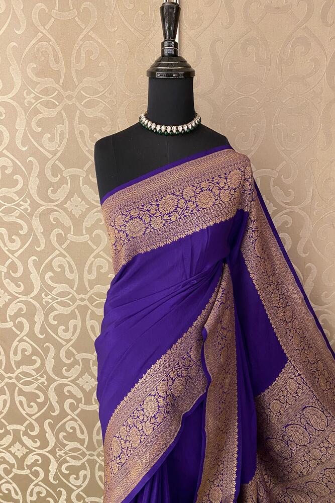 Purple Mysore Crepe Silk Banarasi saree with intricate gold zari work and matching unstiched blouse, traditional Indian wear by Saarang Sarees
