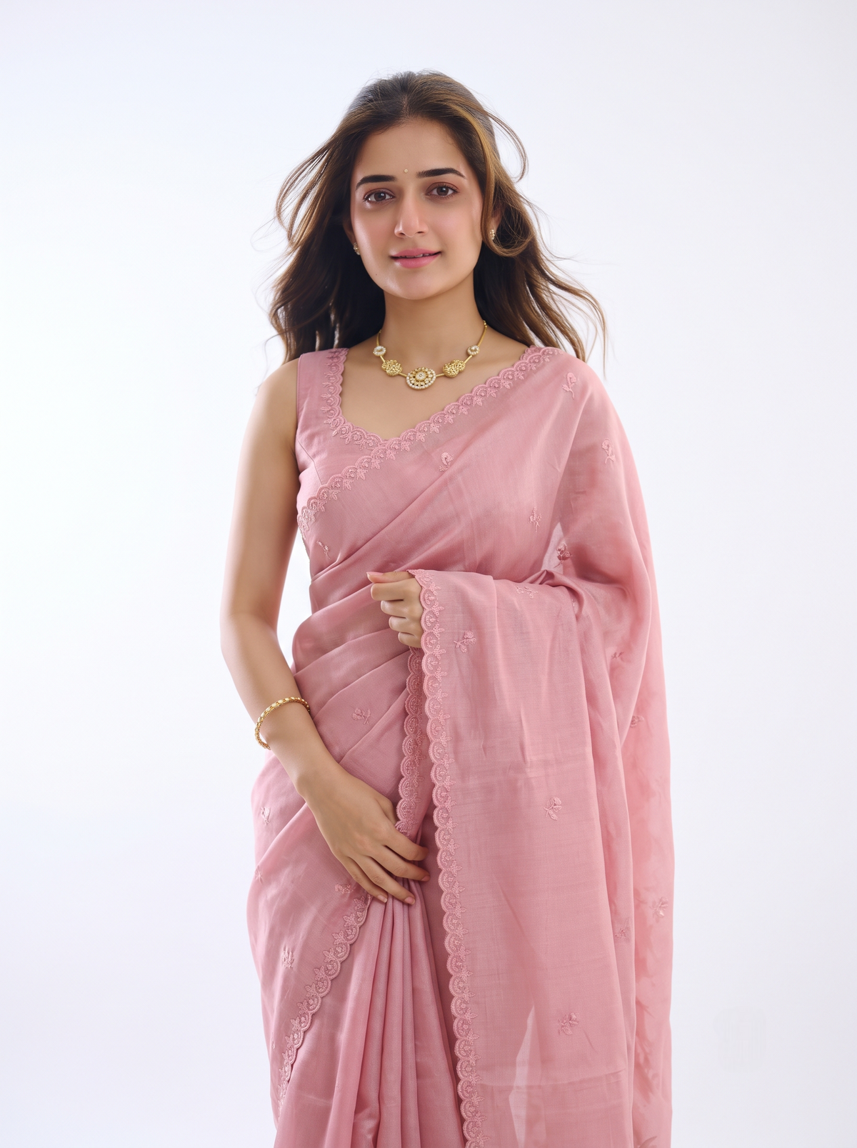 Pink Tussar Applique Work Saree, With Unstiched Blouse