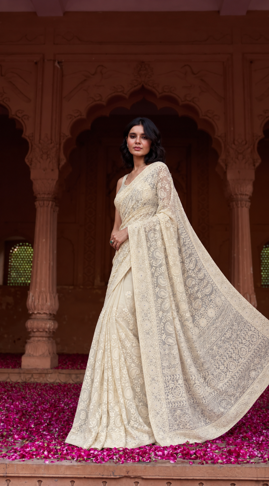 Off-White Georgette Chikankari Embroidery Saree, With Unstitched Blouse