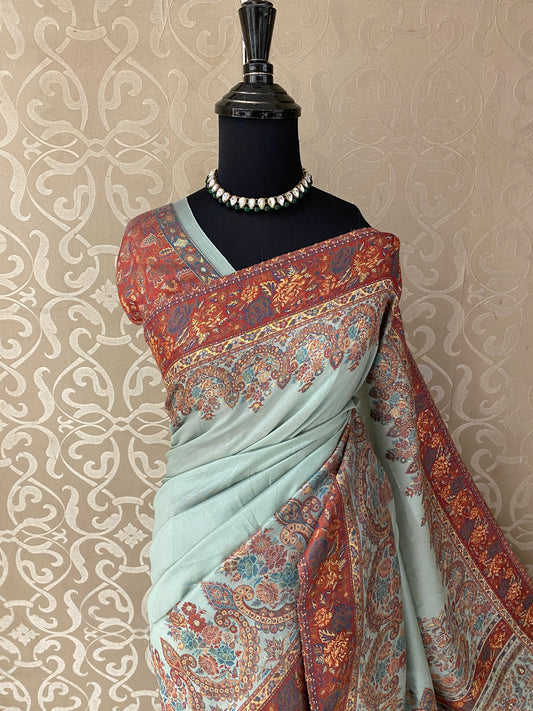 Firozi Pure Kani Handloom Silk Saree With Unstiched Jamewar Woven Blouse