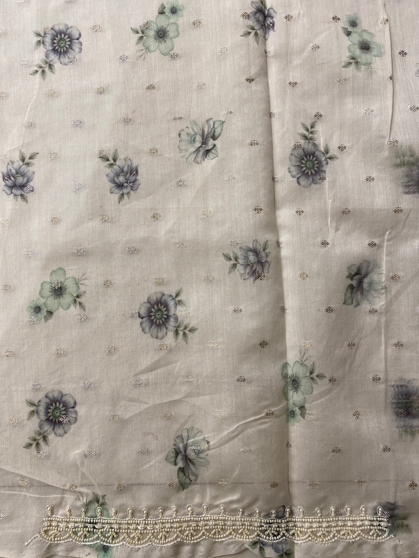 Off-White Organza Saree With Perl Work, With Unstitched Blouse