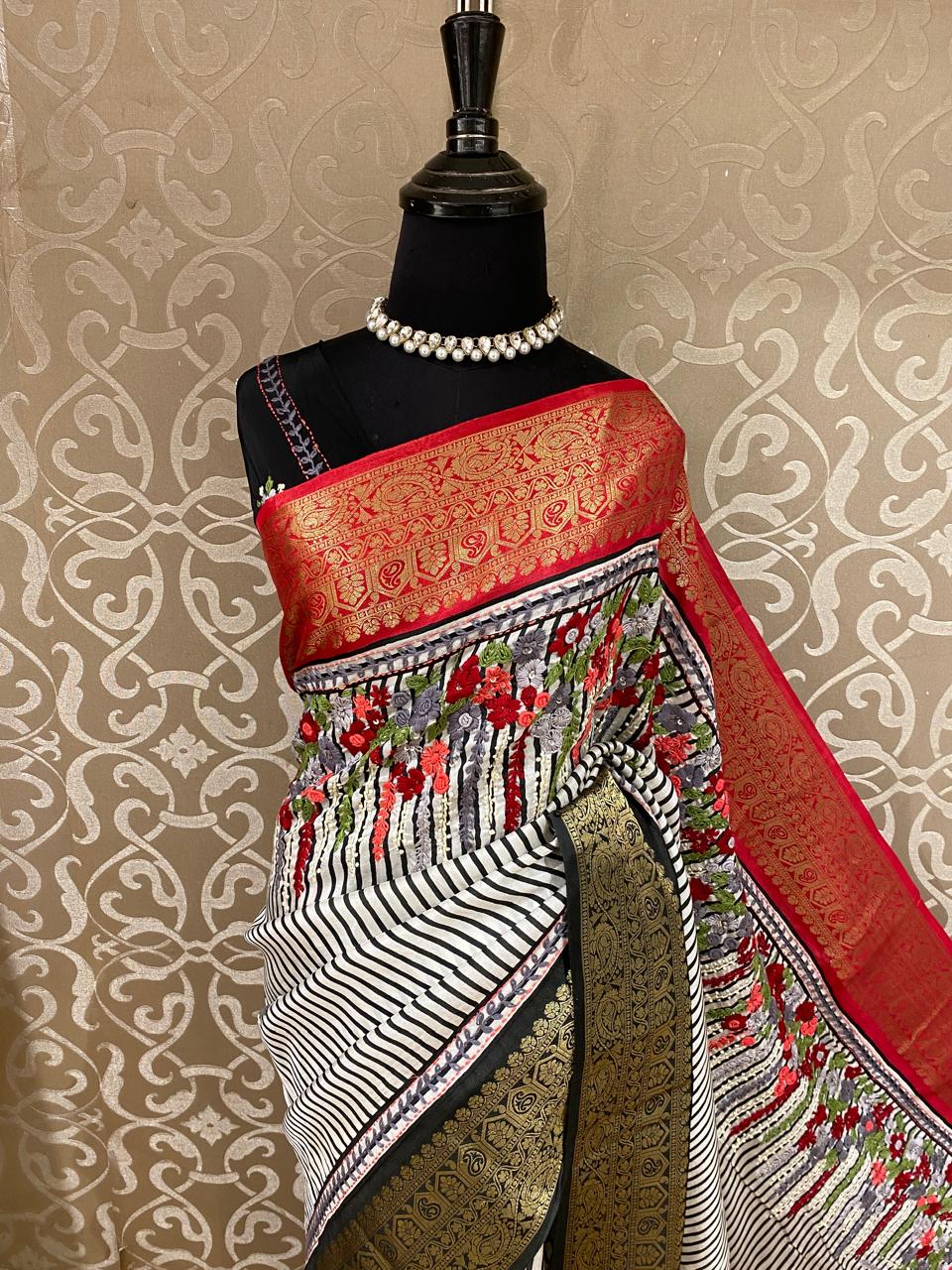 White & Black Stripe Munga Silk Saree With Hand Embroidery Work, With Unstiched Blouse