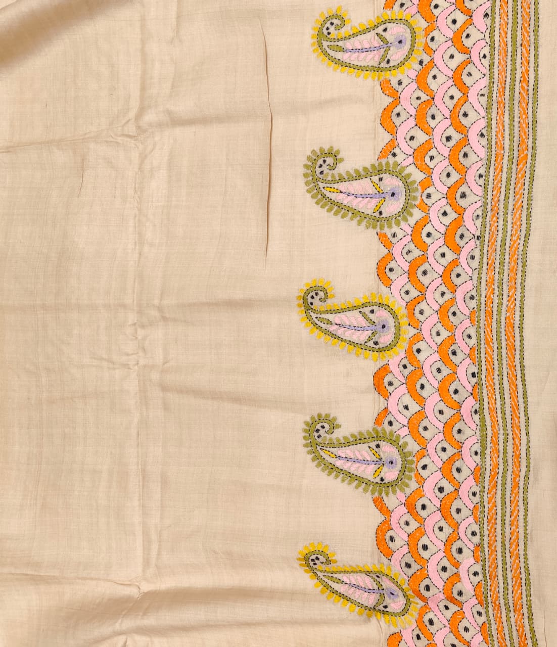 Beige Tussar embroidery saree with Kantha work border and unstitched blouse, traditional wear by Saarang Sarees.